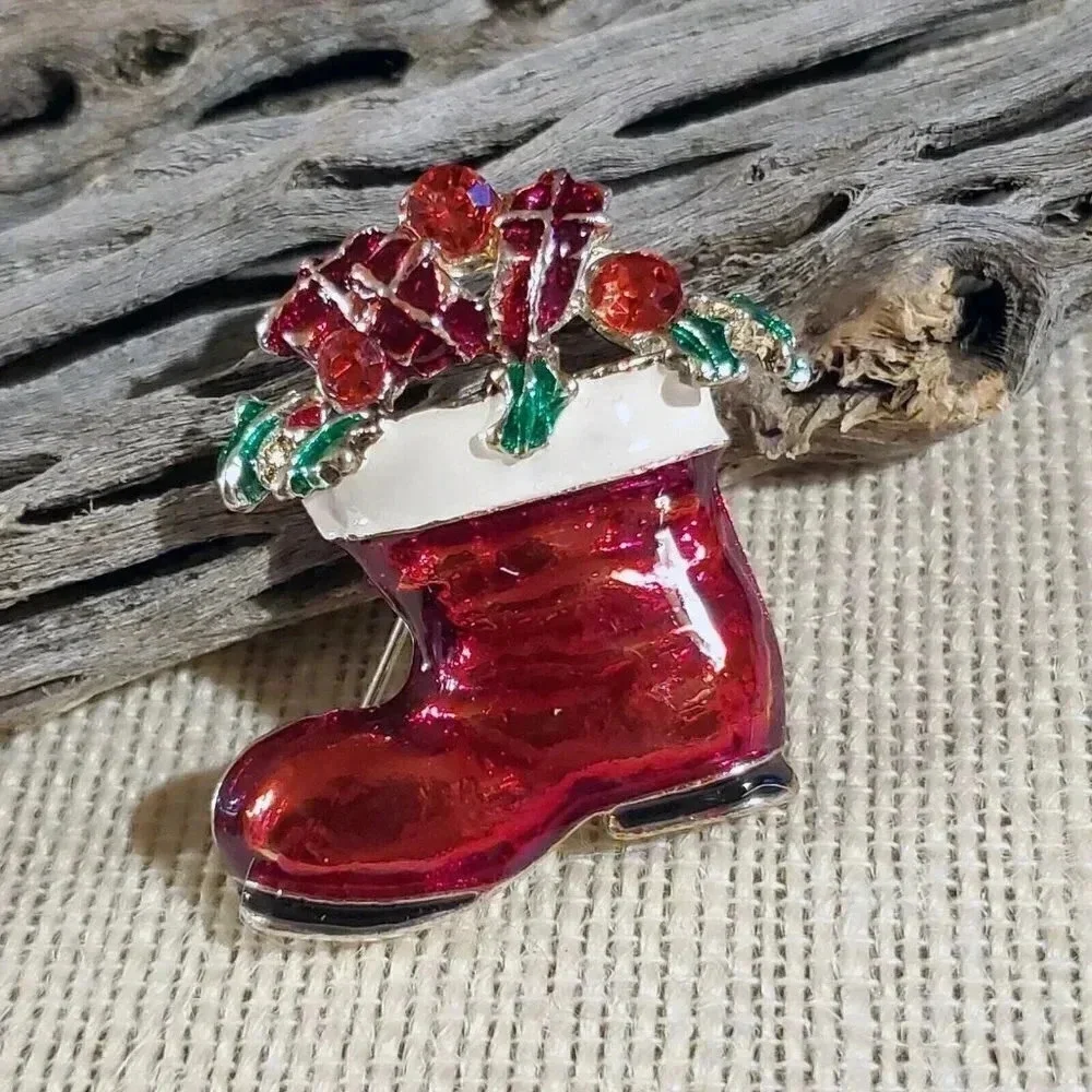 Y2K 90s Christmas Stocking Boot Rhinestone Enamel Christmas Sweater Pin Brooch - Picture 6 of 6